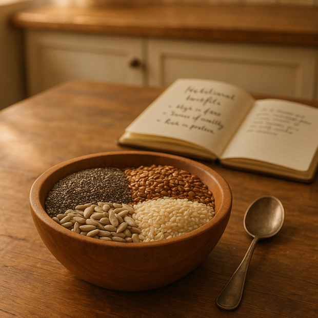 Un bol en bois rempli de graines de chia, de lin, de sésame et de tournesol sur une table en bois, avec une cuillère et un carnet de notes.