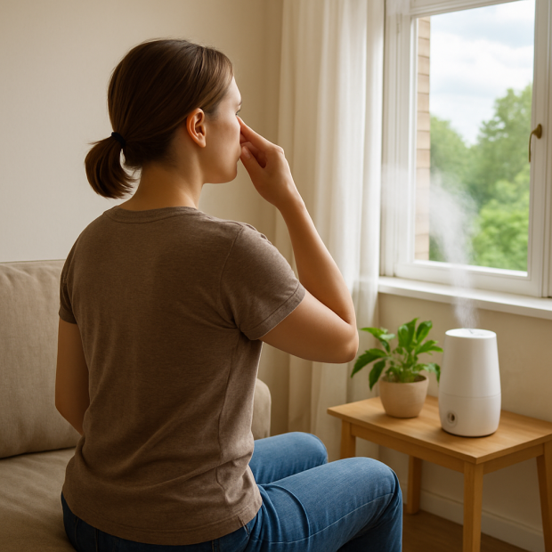 Une personne utilisant une méthode de respiration pour déboucher le nez dans un environnement apaisant.