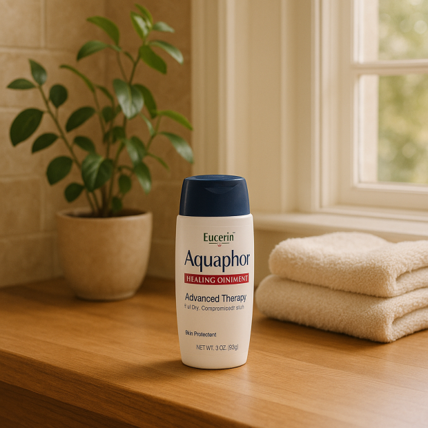 Flacon d'Aquaphor sur un comptoir en bois dans une salle de bain apaisante avec des plantes et des serviettes