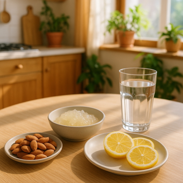Table de cuisine avec des aliments naturels promoteurs de satiété comme des amandes, des tranches de citron et un verre d'eau dans une ambiance chaleureuse.