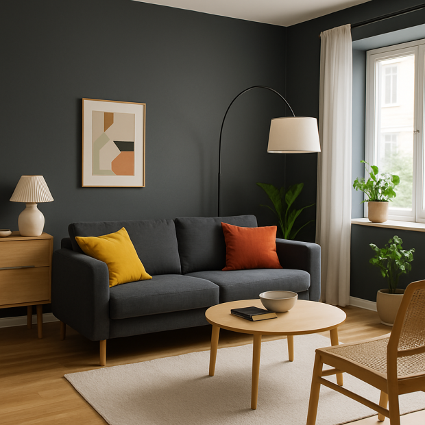 Salon moderne avec mur anthracite, canapé et accessoires colorés