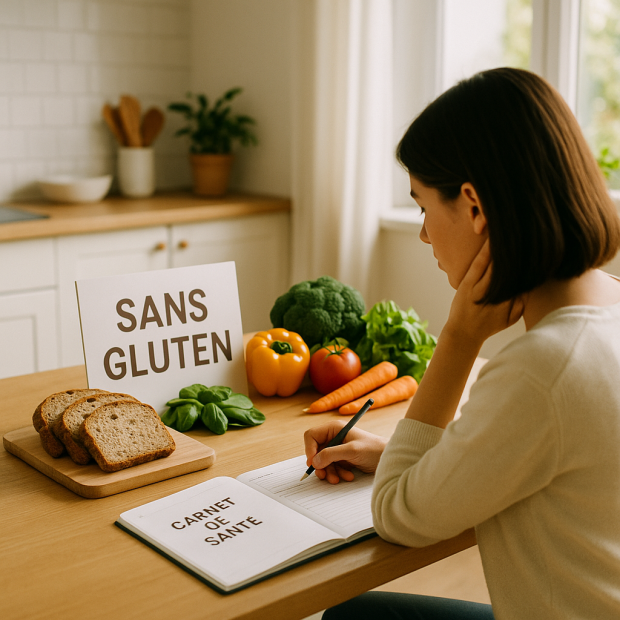 Personne préoccupée dans une cuisine regardant des aliments sans gluten tout en consultant un carnet de santé.