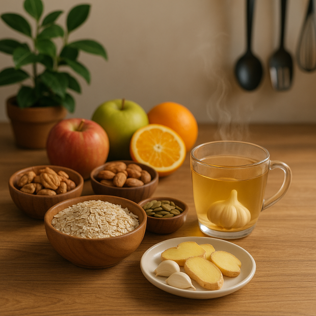 Table en bois avec des aliments sains pour faire baisser le cholestérol, incluant de l'avoine, des fruits, des noix et une tisane.