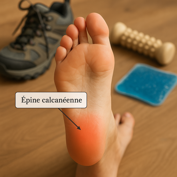 Pied humain avec étiquette d'épine calcanéenne et accessoires de confort.