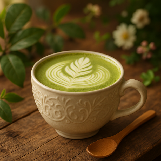 Tasse de matcha latte crémeux sur une table en bois avec des éléments naturels.
