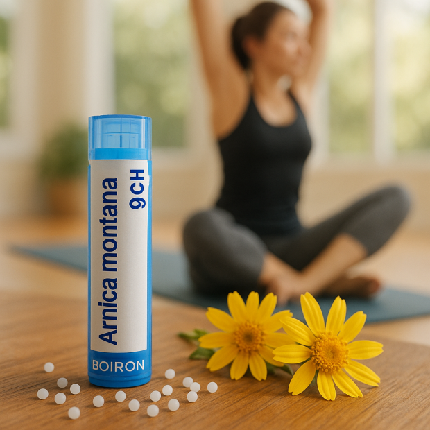 Flacon d'Arnica Montana 9CH sur une table avec des granules et une scène de récupération sportive en arrière-plan.